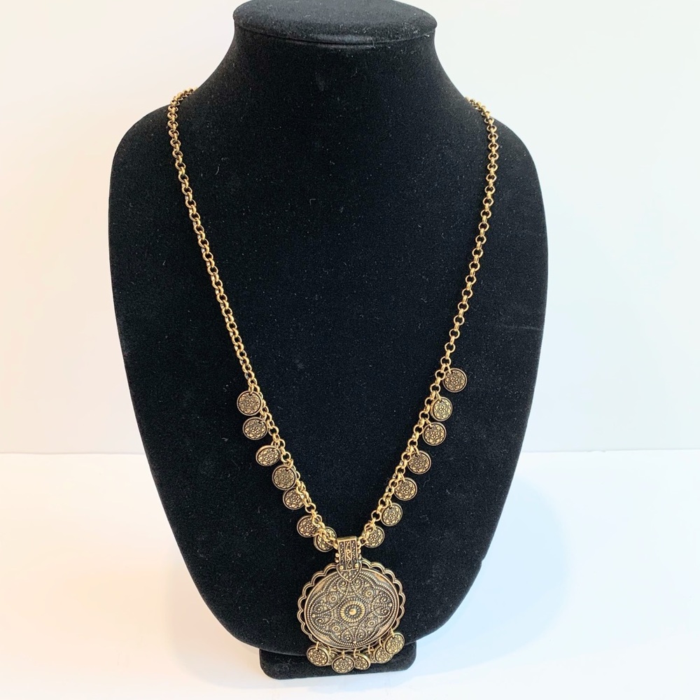 Necklace Antique Colored Pendant Style With Small Coin Shaped Dangles From Chain